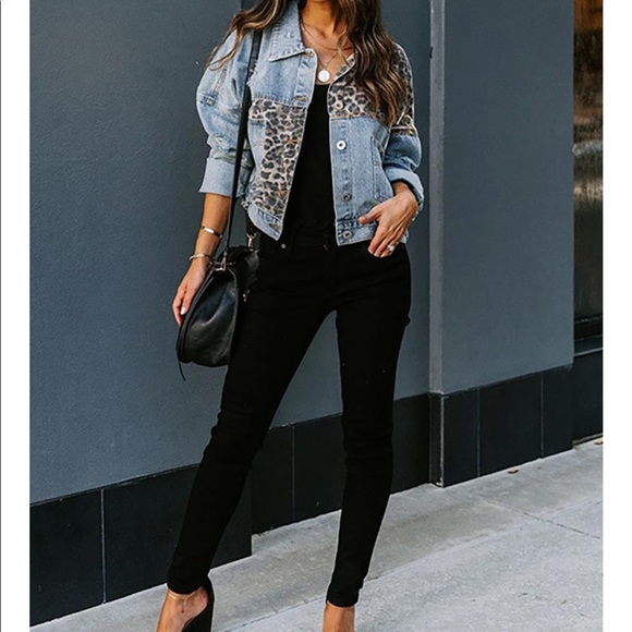 RESTOCKED ~ CONTRAST LEOPARD PRINT DENIM JACKET - Picture 6 of 10